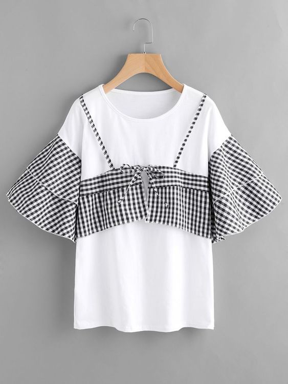 Upgecyceltes weißes Basic-T-Shirt mit Vichy-Karos